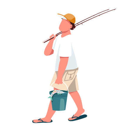 Enthusiast with fishing rod semi flat color vector character. walking figure. Hobby and sport. Full body person on white. Simple cartoon style illustration for web graphic design and animationのイラスト素材