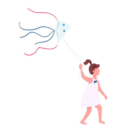 Little girl flying kite at park semi flat color vector character. running figure. happy childhood. Full body person on white. Simple cartoon style illustration for web graphic design and animationのイラスト素材