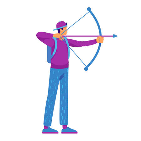Young man with arrows and bow semi flat color vector character. shooting sports. Position figure. Full body person on white. Simple cartoon style illustration for web graphic design and animationのイラスト素材