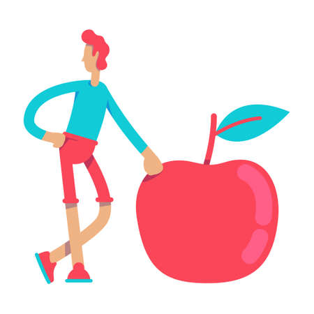 Young man with big red apple semi flat color vector character. healthy lifestyle. Position figure. Full body person on white. Simple cartoon style illustration for web graphic design and animationのイラスト素材