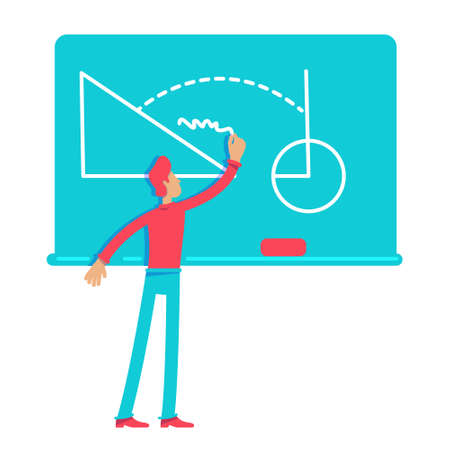 Man solving hard math problems semi flat color vector character. Mathematics. standing figure. Full body person on white. Simple cartoon style illustration for web graphic design and animationのイラスト素材
