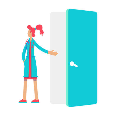 Young medical doctor points to open doors semi flat color vector character. standing figure. Full body person on white. Simple cartoon style illustration for web graphic design and animationのイラスト素材