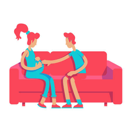 Man touching belly pregnant wife semi flat color vector characters. Pregnancy period. Sitting figures. Full body people on white. Simple cartoon style illustration for web graphic design and animationのイラスト素材