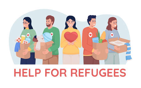 Help for refugees 2D vector isolated illustration. Volunteers collecting clothing and toys flat characters on cartoon background. Colorful scene for mobile, website, presentation. Comfortaa font usedのイラスト素材