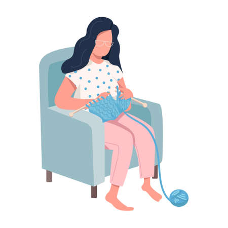 Woman knitting in armchair semi flat color vector character. Improve emotional wellbeing. Full body person on white. Simple cartoon style illustration for web graphic design and animationのイラスト素材