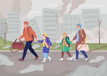 Leaving war-torn city due to military conflict flat color vector illustration. Distressed family running away with luggages 2D simple cartoon characters with cityscape on backgroundのイラスト素材