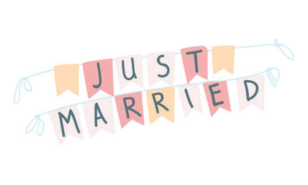 Just married decorative party flags semi flat color vector object. Newlywed apartment decoration. Full sized item on white. Simple cartoon style illustration for web graphic design and animationのイラスト素材