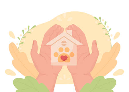 Facility providing food and shelter to homeless animals 2D vector isolated illustration. Activism flat first view hand on cartoon background. Colorful scene for mobile, website, presentationのイラスト素材