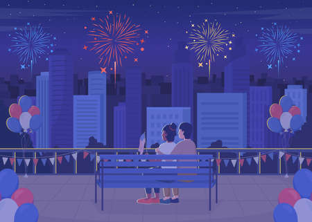 Celebration of Independence day in evening flat color vector illustration. Couple enjoying fireworks in city. July fourth holiday 2D simple cartoon characters with cityscape on backgroundのイラスト素材