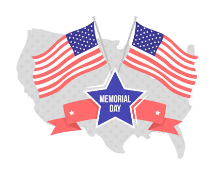 Memorial day 2D vector isolated illustration. Map of USA and flags flat objects on cartoon background. Honor of fallen soldiers colorful scene for mobile, website, presentation. Bebas Neue font usedのイラスト素材
