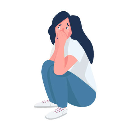 Young girl suffering from panic attack semi flat color vector character. Position figure. Full body person on white. Simple cartoon style illustration for web graphic design and animationのイラスト素材