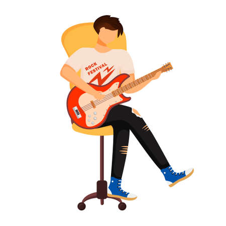 Boy playing electric guitar semi flat color vector character. Position figure. Full body person on white. Music instrument. Simple cartoon style illustration for web graphic design and animationのイラスト素材