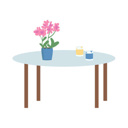 Coffee table with flower pot and paint jars semi flat color vector object. contemporary furniture. Full sized item on white. Simple cartoon style illustration for web graphic design and animationのイラスト素材