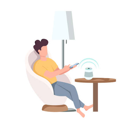 Man in armchair using wireless cell phone charger semi flat color vector character. Position figure. Full body person on white. Simple cartoon style illustration for web graphic design and animationのイラスト素材