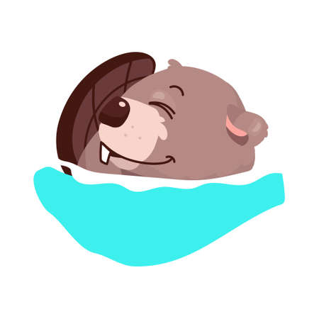 Cute beaver embracing tail and sleeping semi flat color vector character. Position figure. Half body animal on white. Simple cartoon style illustration for web graphic design and animationのイラスト素材