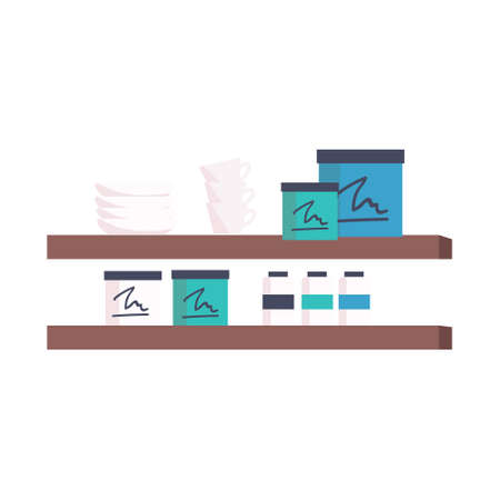 Shelves with protein powder containers and dinnerware semi flat color vector object. Full sized item on white. Simple cartoon style illustration for web graphic design and animationのイラスト素材