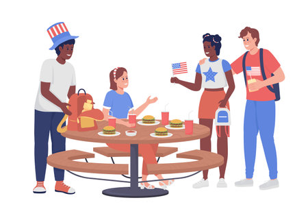 Friends at holiday picnic semi flat color vector characters. Position figures. Full body people on white. July fourth simple cartoon style illustration for web graphic design and animationのイラスト素材