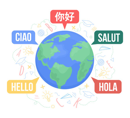 Multilingual world 2D vector isolated illustration. Hello in different languages flat object on cartoon background. Colorful scene for mobile, website, presentation. Bebas Neue, KozGoPr6N fonts usedのイラスト素材