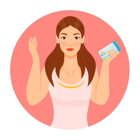 Girl with skin and hair supplements semi flat color vector character icon. Position figure. Half body person on white. Simple cartoon style illustration for web graphic design and animationのイラスト素材