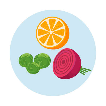 Vitamin C sources semi flat color vector objects icon. Cabbage and orange. health benefits. Full sized items on white. Simple cartoon style illustration for web graphic design and animationのイラスト素材