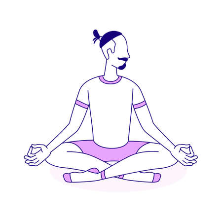 Man meditates semi flat color vector character. Position figure. Full body person on white. Hobby at home. Healthy lifestyle simple cartoon style illustration for web graphic design and animationのイラスト素材