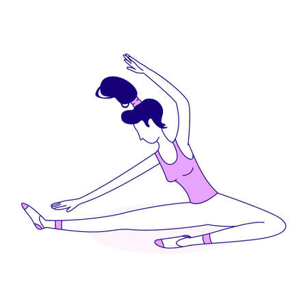 Girl doing stretching exercise semi flat color vector character. Position figures. Full body person on white. Fitness simple cartoon style illustration for web graphic design and animationのイラスト素材