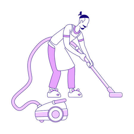 Man with vacuum cleaner semi flat color vector character. standing figure. Full body person on white. Guy cleaning floor at home simple cartoon style illustration for web graphic design and animationのイラスト素材