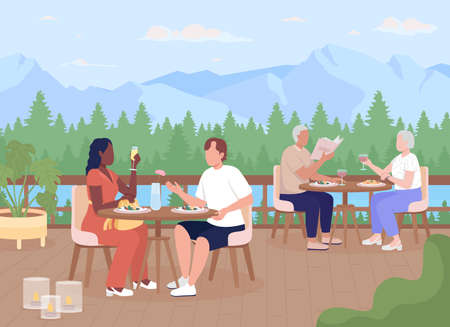 Guests enjoying dinner at mountain resort flat color vector illustration. People resting on open cafe terrace. Fully editable 2D simple cartoon characters with distant hills on backgroundのイラスト素材