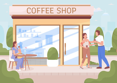 Coffee shop and guests in city garden flat color vector illustration. Small cafe building. Fully editable 2D simple cartoon characters with cityscape on background. Recursive font usedのイラスト素材
