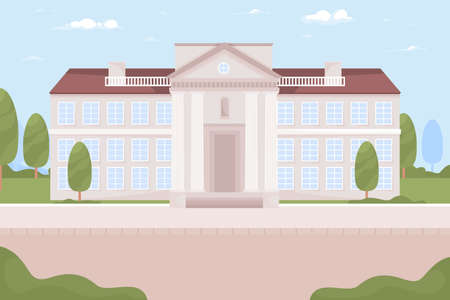 University building with classic columns flat color vector illustration. Vintage collage campus for students. Fully editable 2D simple cartoon landscape with summer park on backgroundのイラスト素材