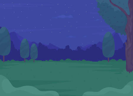 Night summer forest and old mountains flat color vector illustration. Empty green glade in wild wood. Fully editable 2D simple cartoon landscape with dark sky and hills on backgroundのイラスト素材
