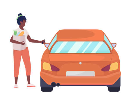 Woman with purchases opening car semi flat color vector character. Editable figure. Full body person on white. Shopping simple cartoon style illustration for web graphic design and animationのイラスト素材