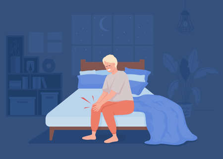 Knee pain at night flat color vector illustration. Sleep deprivation. Painful inflammation in leg. Kneecap ache. Fully editable 2D simple cartoon character with cozy bedroom interior on backgroundのイラスト素材