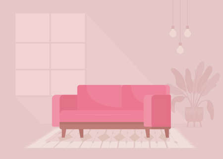 Modern pink velvet sofa flat color vector illustration. living room decor. contemporary couch. Fully editable 2D simple cartoon interior with cozy atmosphere and large window on backgroundのイラスト素材