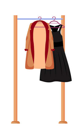 Garment rack with stylish clothes semi flat color vector object. Wardrobe storage. boutique store. Full sized item on white. Simple cartoon style illustration for web graphic design and animationのイラスト素材