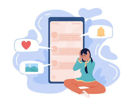 Woman tired of annoying app notifications 2D vector isolated illustration. Sad flat character on cartoon background. Communication colorful editable scene for mobile, website, presentationのイラスト素材