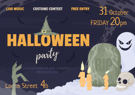 Halloween party flat vector banner template. Holiday celebration poster, leaflet printable color designs. Editable flyer page with text space. Passion One, Neucha, Playlist Script fonts usedのイラスト素材