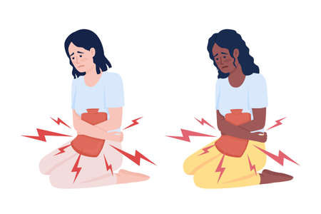 Women using heating pad for cramps semi flat color vector character set. Editable figures. Full body people on white. Simple cartoon style illustration collection for web graphic design and animationのイラスト素材