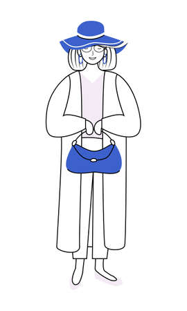 Pretty woman wearing elegant jacket and hat semi flat color vector character. standing figure. Full body person on white. Simple cartoon style illustration for web graphic design and animationのイラスト素材