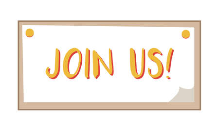 Join us badge semi flat color vector element. Full sized decor on white. Volunteer program promotion. looking for opportunities. Simple cartoon style illustration for web graphic design and animationのイラスト素材