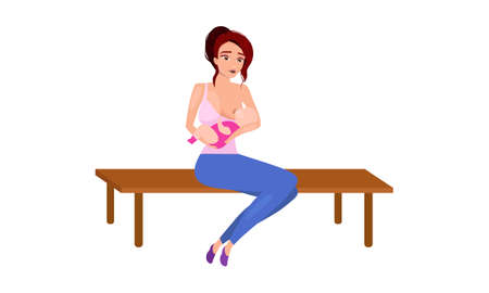 Breastfeeding semi flat color vector characters. mother and baby. Position figures. Full body people on white. health simple cartoon style illustration for web graphic design and animationのイラスト素材