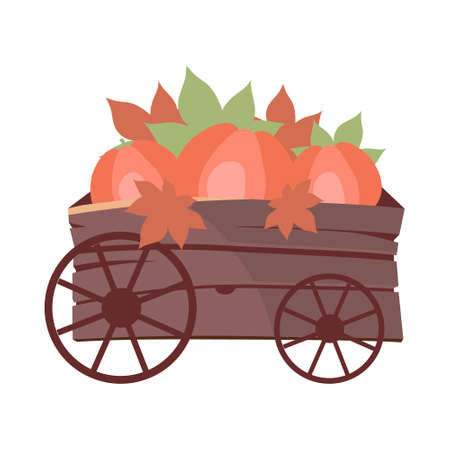 Wagon with pumpkins and red leaves semi flat color vector object. autumn fair. Full sized item on white. Market simple cartoon style illustration for web graphic design and animationのイラスト素材