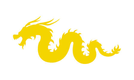 Yellow Chinese dragon semi flat color vector object. Eastern ornate element. Full sized item on white. Oriental culture simple cartoon style illustration for web graphic design and animationのイラスト素材