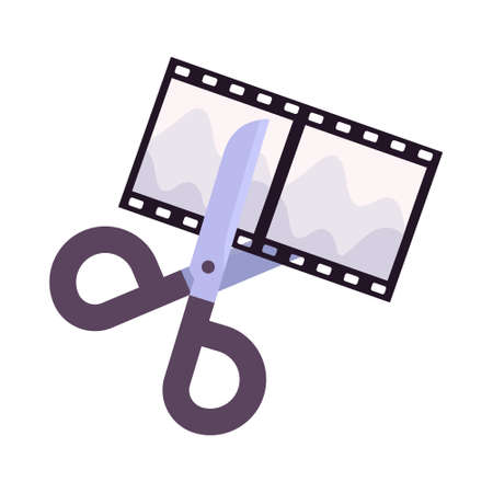 Scissors cutting photo film semi flat color vector object. Separating negative frame. Full sized item on white. Picture simple cartoon style illustration for web graphic design and animationのイラスト素材