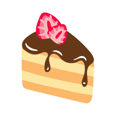 Slice of cake with chocolate and strawberry semi flat color vector object. Dessert portion. Full sized item on white. Bakery simple cartoon style illustration for web graphic design and animationのイラスト素材