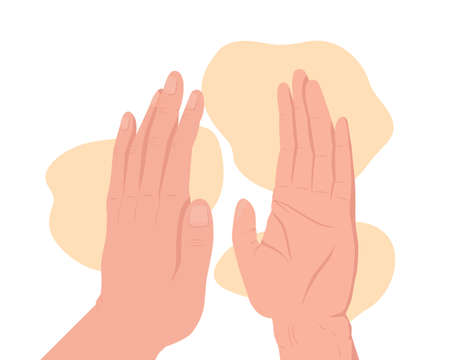 High five 2D vector isolated illustration. Up high flat hand gesture on cartoon background. Slap hand. Greetings and congratulations colorful editable scene for mobile, website, presentationのイラスト素材