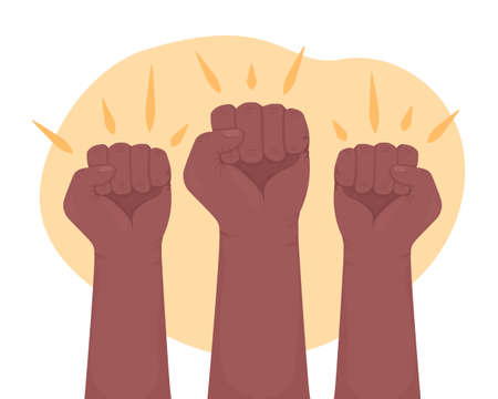 Fighting for equity 2D vector isolated illustration. Clenched fists flat hand gestures on cartoon background. Black lives matter movement colorful editable scene for mobile, website, presentationのイラスト素材