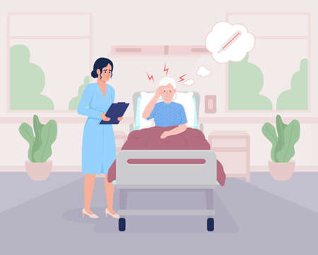 Doctor and patient with high temperature flat color vector illustration. Fever and headache. healthcare. Fully editable 2D simple cartoon characters with Hospital interior on backgroundのイラスト素材