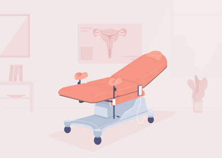 Gynecologist office flat color vector illustration. Examination chair for women. female health. doctor appointment. Fully editable 2D simple cartoon interior with hospital on backgroundのイラスト素材