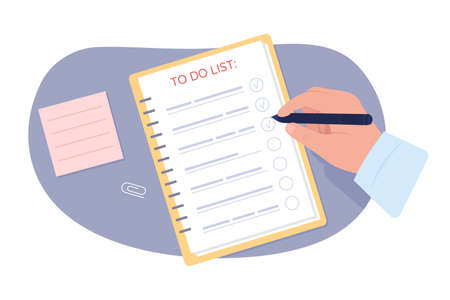 Man with to do list 2D vector isolated illustration. Tasks tracker flat first view hand on cartoon background. Colorful editable scene for mobile, website, presentation. Comforta Regular font usedのイラスト素材